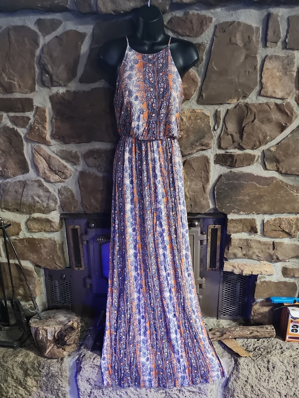 Lush Floral Halter Maxi Dress in Blue and Orange